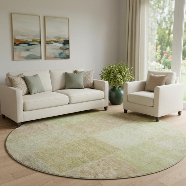 HomeRoots 8' Artichoke Green & Khaki Patchwork Washable Round Rug with UV Protection for Stylish Living Spaces 655213