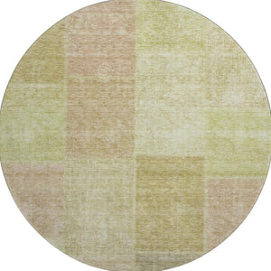 HomeRoots 8' Artichoke Green & Khaki Patchwork Washable Round Rug with UV Protection for Stylish Living Spaces 655213