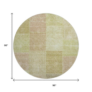 HomeRoots 8' Artichoke Green & Khaki Patchwork Washable Round Rug with UV Protection for Stylish Living Spaces 655213