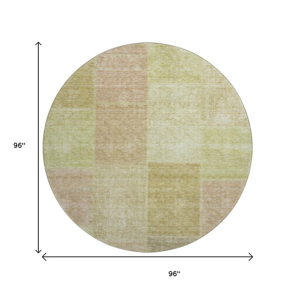 HomeRoots 8' Artichoke Green & Khaki Patchwork Washable Round Rug with UV Protection for Stylish Living Spaces 655213