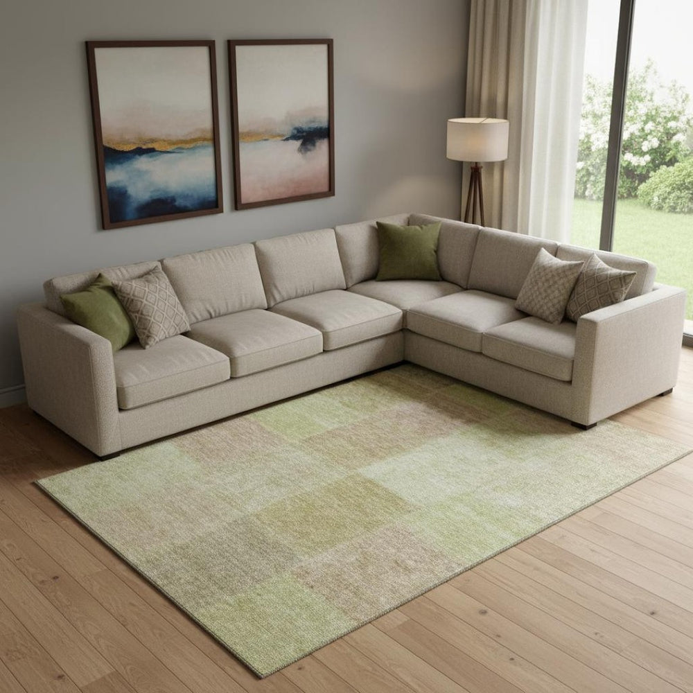 HomeRoots 9' Artichoke Green & Khaki Patchwork Washable Area Rug with UV Protection for High-Traffic Spaces 655215