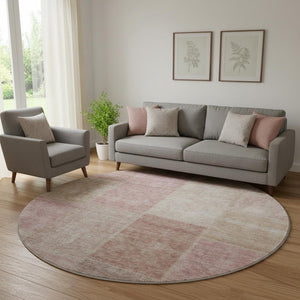HomeRoots 8' Blush & Beige Round Patchwork Rug - Washable, UV-Protected, Stain-Resistant for Modern Homes 655219