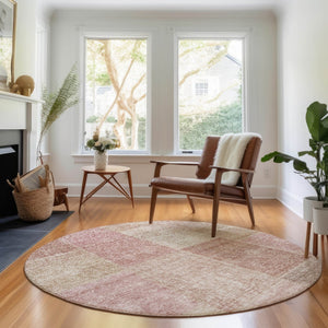 HomeRoots 8' Blush & Beige Round Patchwork Rug - Washable, UV-Protected, Stain-Resistant for Modern Homes 655219