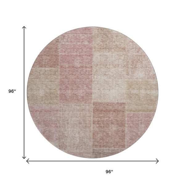 HomeRoots 8' Blush & Beige Round Patchwork Rug - Washable, UV-Protected, Stain-Resistant for Modern Homes 655219
