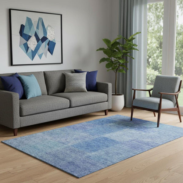 HomeRoots 5' X 8' Denim Blue & Ivory Patchwork Area Rug – Durable, Washable, UV-Protected for Modern Spaces 655224