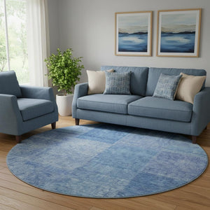 HomeRoots 8' Denim Blue & Ivory Patchwork Round Rug - Washable, UV Protected, Durable for High-Traffic Areas 655225