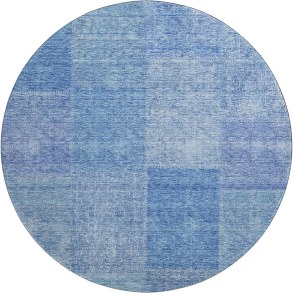 HomeRoots 8' Denim Blue & Ivory Patchwork Round Rug - Washable, UV Protected, Durable for High-Traffic Areas 655225