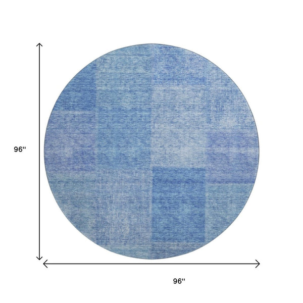 HomeRoots 8' Denim Blue & Ivory Patchwork Round Rug - Washable, UV Protected, Durable for High-Traffic Areas 655225
