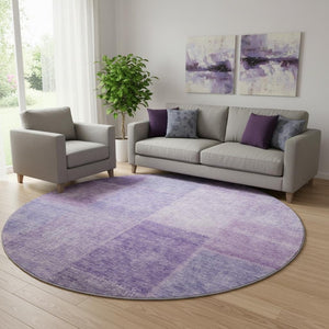 HomeRoots 8' Lavender and Purple Patchwork Round Rug - Washable, UV-Protected, Soft, Durable for High-Traffic Areas 655231