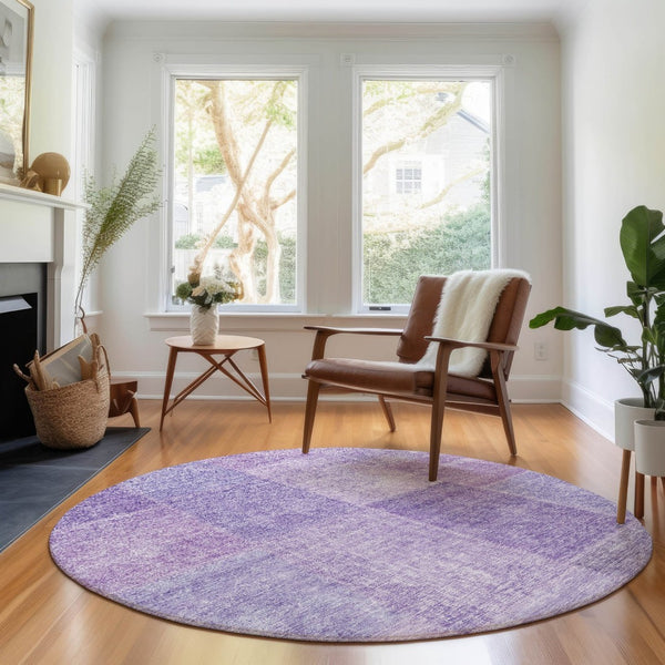 HomeRoots 8' Lavender and Purple Patchwork Round Rug - Washable, UV-Protected, Soft, Durable for High-Traffic Areas 655231