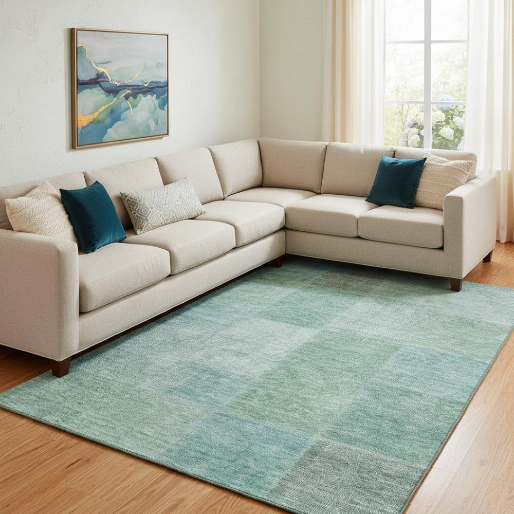 HomeRoots 9' X 12' Teal & Ivory Patchwork Area Rug - Durable, Washable, UV-Protected for Stylish Spaces! 655239