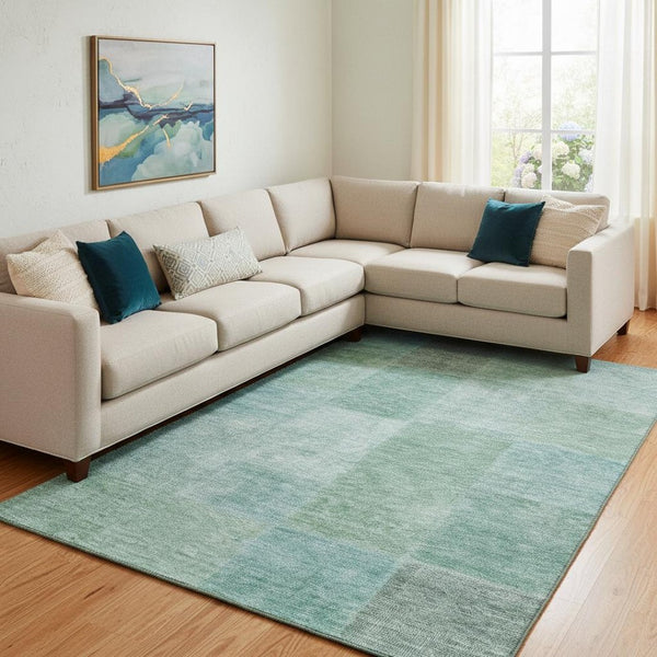 HomeRoots 9' X 12' Teal & Ivory Patchwork Area Rug - Durable, Washable, UV-Protected for Stylish Spaces! 655239