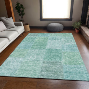 HomeRoots 9' X 12' Teal & Ivory Patchwork Area Rug - Durable, Washable, UV-Protected for Stylish Spaces! 655239