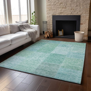 HomeRoots 9' X 12' Teal & Ivory Patchwork Area Rug - Durable, Washable, UV-Protected for Stylish Spaces! 655239