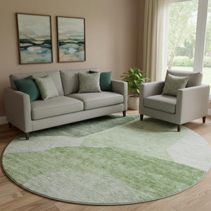 HomeRoots 8' Artichoke Green & Ivory Abstract Washable Round Rug - Stylish, Durable, UV-Protected Design for Homes 655243