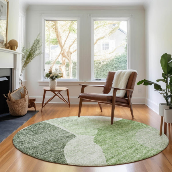 HomeRoots 8' Artichoke Green & Ivory Abstract Washable Round Rug - Stylish, Durable, UV-Protected Design for Homes 655243