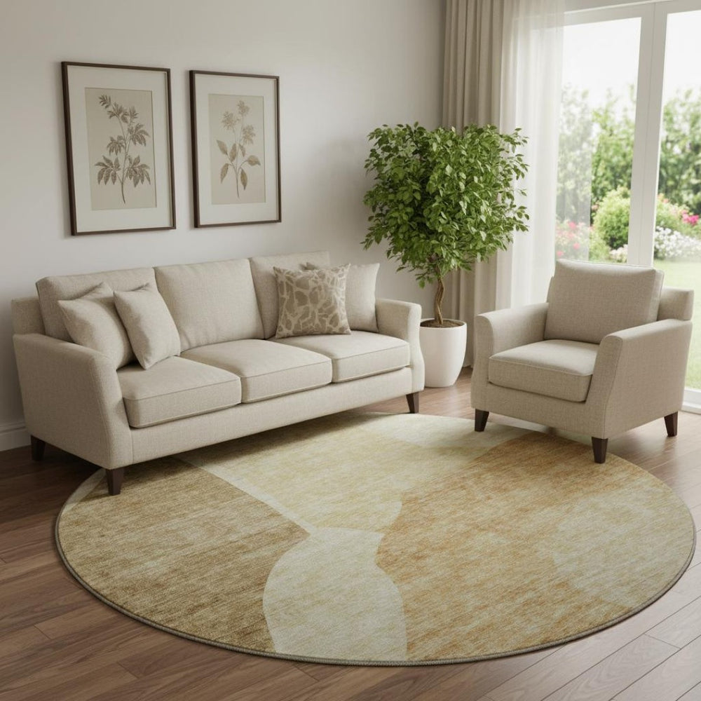 HomeRoots 8' Beige and Orange Abstract Round Rug - Washable, UV Protected, Stylish & Durable for Family Spaces 655249