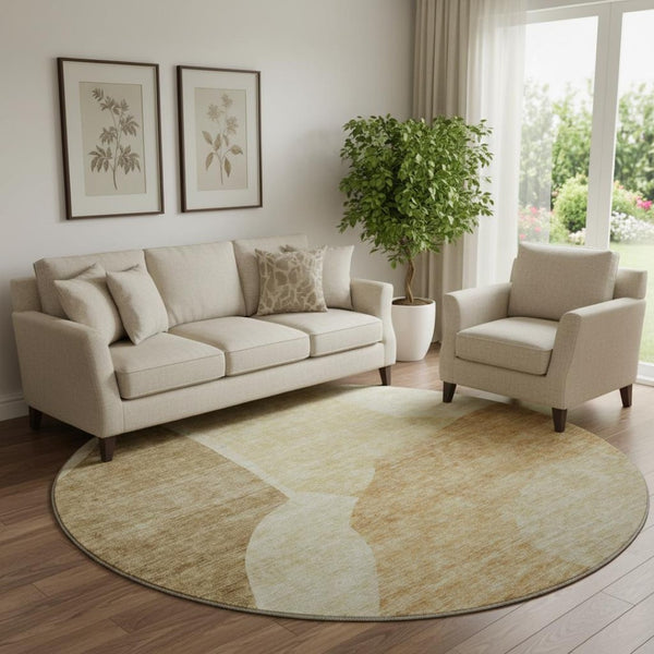 HomeRoots 8' Beige and Orange Abstract Round Rug - Washable, UV Protected, Stylish & Durable for Family Spaces 655249