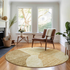 HomeRoots 8' Beige and Orange Abstract Round Rug - Washable, UV Protected, Stylish & Durable for Family Spaces 655249