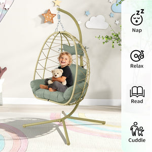English Elm Hanging Egg Chair Wicker Swing with Stand Cushion Patio Balcony Ergonomic Cradle T5880P497574