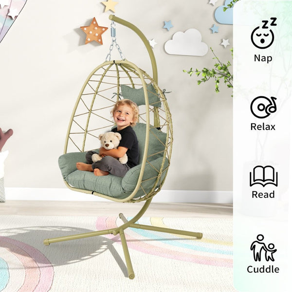 English Elm Hanging Egg Chair Wicker Swing with Stand Cushion Patio Balcony Ergonomic Cradle T5880P497574