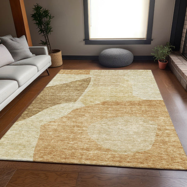 HomeRoots 8' X 10' Washable Beige and Orange Abstract Area Rug with UV Protection for High-Traffic Homes 655250