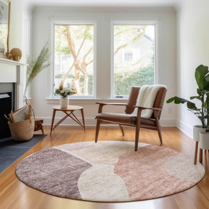 HomeRoots 8' Blush and Plum Abstract Round Rug - Washable, UV Protected, Stylish & Durable for Busy Homes 655255