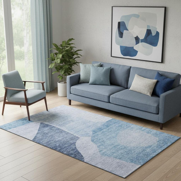 HomeRoots 5' X 8' Denim Blue & Ivory Abstract Area Rug - Stylish, Washable, UV-Protected, Perfect for Homes! 655260