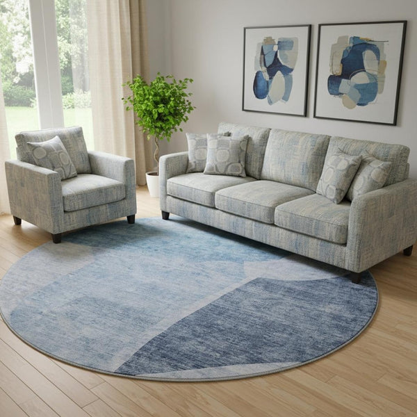 HomeRoots 8' Denim Blue & Ivory Abstract Washable Round Rug - UV Protected, Stain Resistant, Modern Style 655261