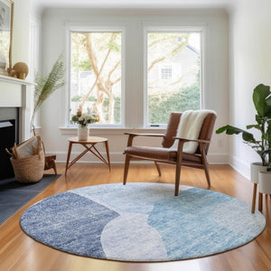 HomeRoots 8' Denim Blue & Ivory Abstract Washable Round Rug - UV Protected, Stain Resistant, Modern Style 655261