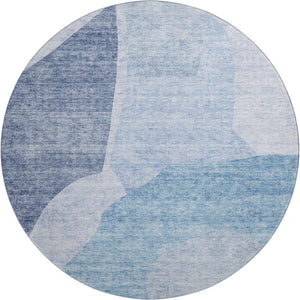 HomeRoots 8' Denim Blue & Ivory Abstract Washable Round Rug - UV Protected, Stain Resistant, Modern Style 655261