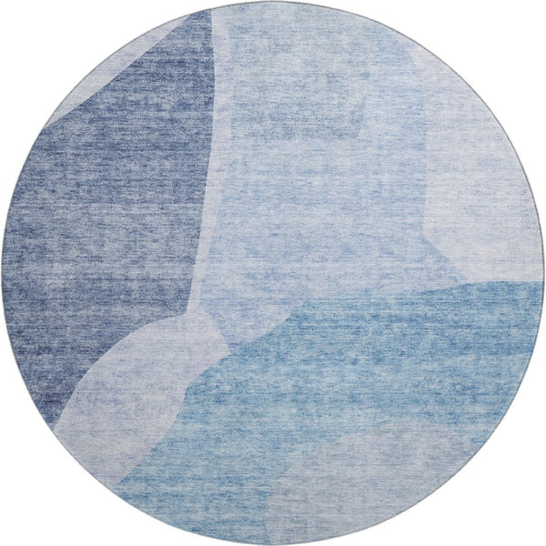 HomeRoots 8' Denim Blue & Ivory Abstract Washable Round Rug - UV Protected, Stain Resistant, Modern Style 655261