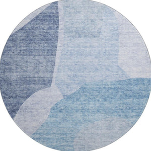 HomeRoots 8' Denim Blue & Ivory Abstract Washable Round Rug - UV Protected, Stain Resistant, Modern Style 655261