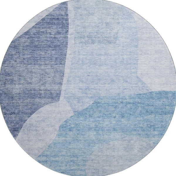 HomeRoots 8' Denim Blue & Ivory Abstract Washable Round Rug - UV Protected, Stain Resistant, Modern Style 655261
