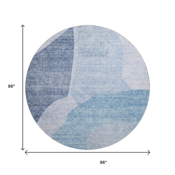 HomeRoots 8' Denim Blue & Ivory Abstract Washable Round Rug - UV Protected, Stain Resistant, Modern Style 655261