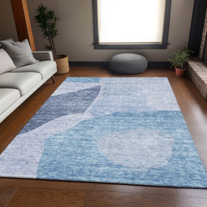 HomeRoots 9' X 12' Denim Blue & Ivory Abstract Washable Area Rug - Durable, Stain-Resistant, UV Protected! 655263