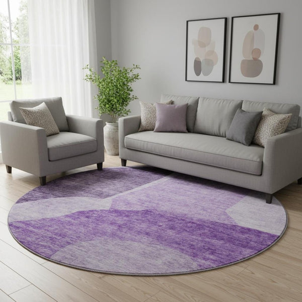 HomeRoots 8' Eggplant & Ivory Abstract Washable Round Rug - UV Protected, Stain Resistant, Modern Elegance 655267