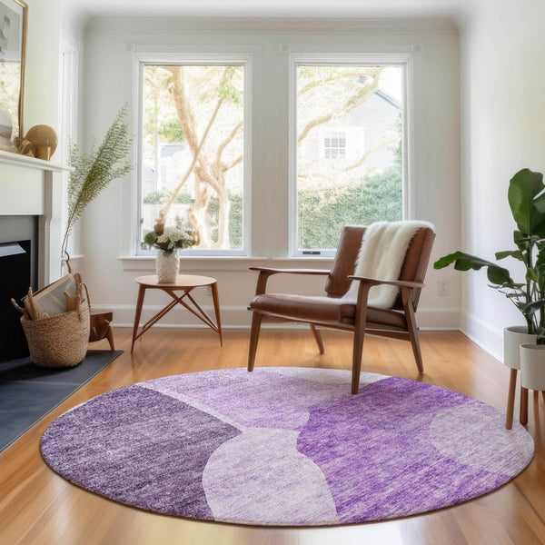HomeRoots 8' Eggplant & Ivory Abstract Washable Round Rug - UV Protected, Stain Resistant, Modern Elegance 655267
