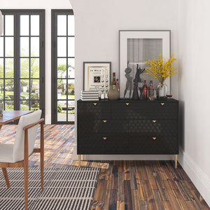 English Elm Modern 7-Drawer Storage Cabinet in Black with Gold Legs & Honeycomb Fronts – Stylish Versatile Organizer for Bedroom, Office, Entryway T3609P347457