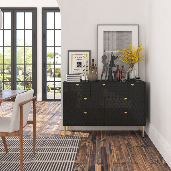 English Elm Modern 7-Drawer Storage Cabinet in Black with Gold Legs & Honeycomb Fronts – Stylish Versatile Organizer for Bedroom, Office, Entryway T3609P347457