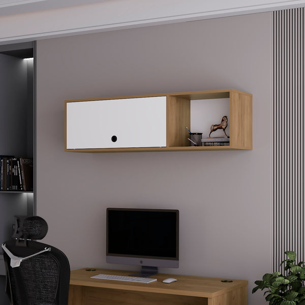 English Elm Roslyn Wall-Mounted Cabinet with Lift-Up Door and Open Shelf — Natural Oak & White Modern Storage B128P287526