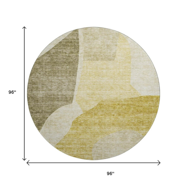 HomeRoots 8' Gold and Ivory Abstract Round Rug - Washable, UV-Protected, Stain-Resistant for Modern Homes 655273