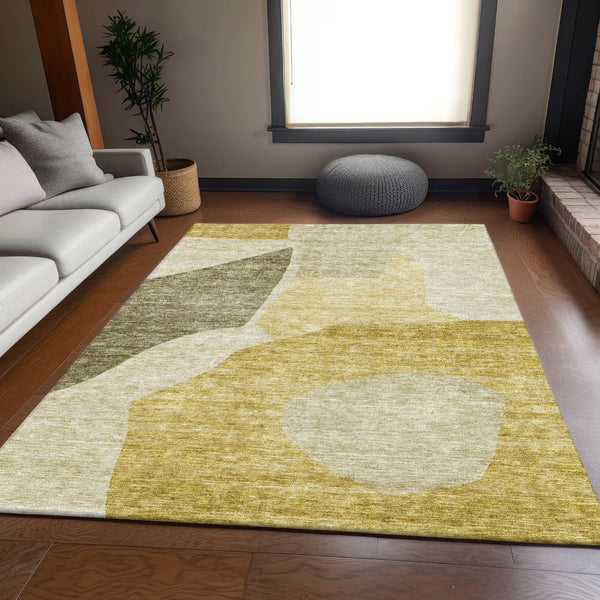 HomeRoots 8' X 10' Gold and Ivory Abstract Area Rug - Washable, Stain-Resistant, UV-Protected for Busy Homes 655274