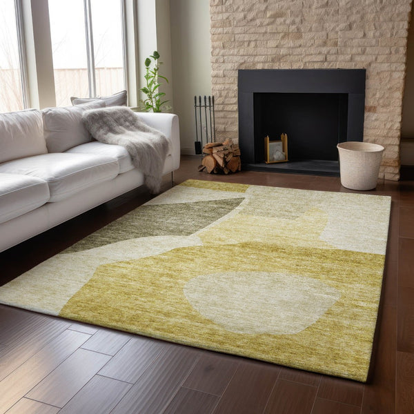 HomeRoots 8' X 10' Gold and Ivory Abstract Area Rug - Washable, Stain-Resistant, UV-Protected for Busy Homes 655274