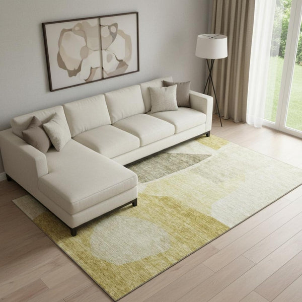 HomeRoots 9' X 12' Gold And Ivory Abstract Area Rug – Washable, UV-Protected, Stylish for Modern Living Spaces 655275
