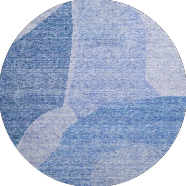 HomeRoots 8' Navy Blue and Ivory Abstract Round Rug - Washable, UV-Protected, Durable for High-Traffic Areas 655279