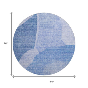 HomeRoots 8' Navy Blue and Ivory Abstract Round Rug - Washable, UV-Protected, Durable for High-Traffic Areas 655279