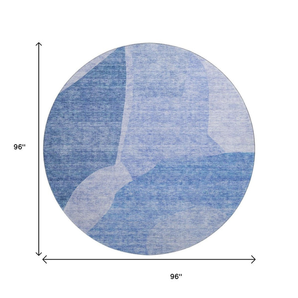 HomeRoots 8' Navy Blue and Ivory Abstract Round Rug - Washable, UV-Protected, Durable for High-Traffic Areas 655279