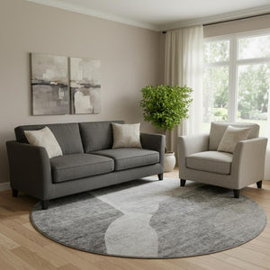 HomeRoots 8' Silver and Gray Abstract Washable Round Rug with UV Protection for Modern Living Spaces 655285