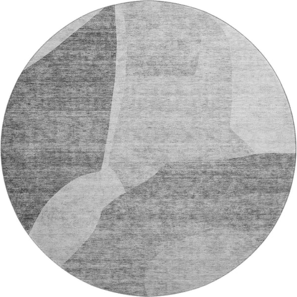 HomeRoots 8' Silver and Gray Abstract Washable Round Rug with UV Protection for Modern Living Spaces 655285